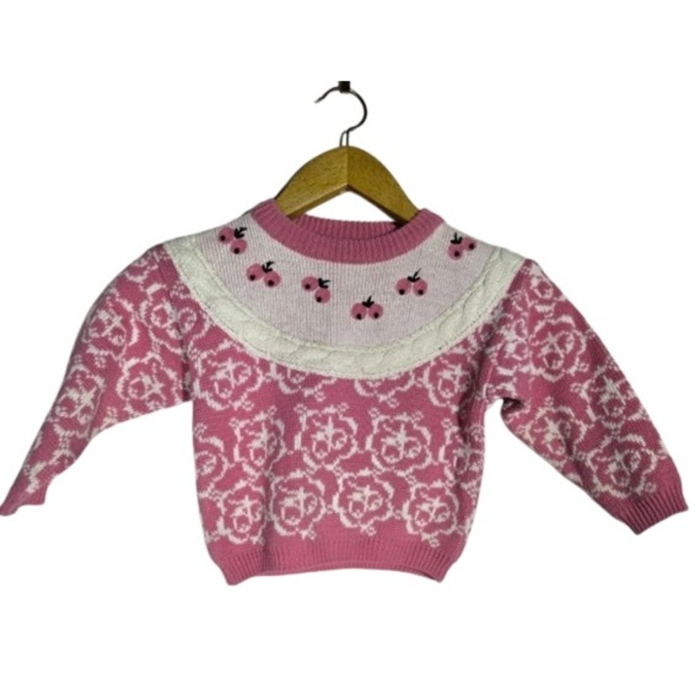 Vtg Acrylic ESprit Girls 4-5 Cherry Roses Pink Chunky Knit Sweater‎ Cottage